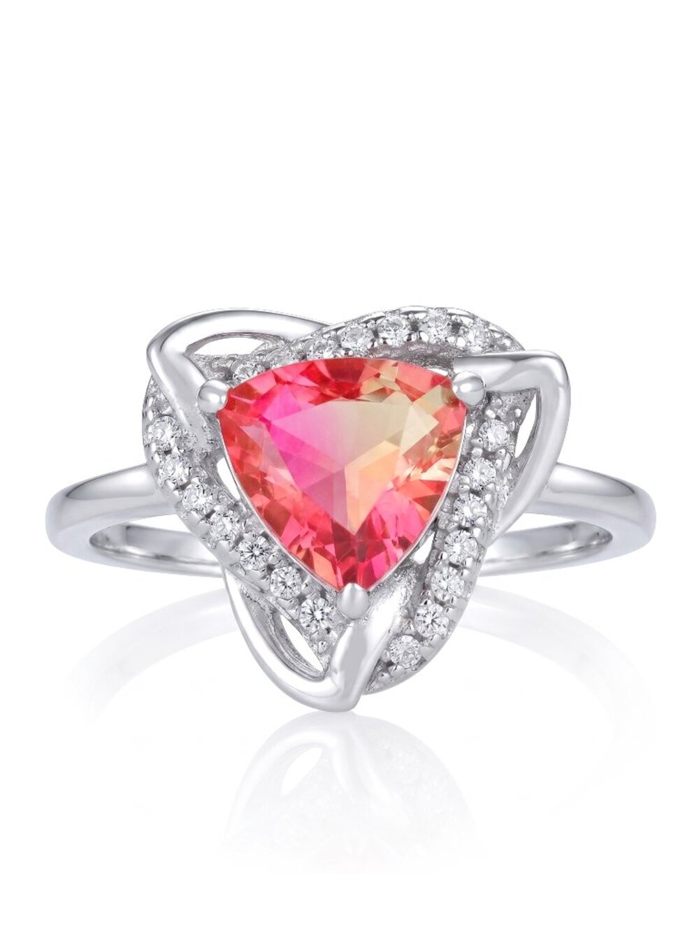 Pink & Peach Marquis Bi-Color Tourmaline Trillion Ring, 925 Sterling Silver
